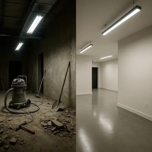 Construction site transformed from dusty workspace to clean, move-in ready space
