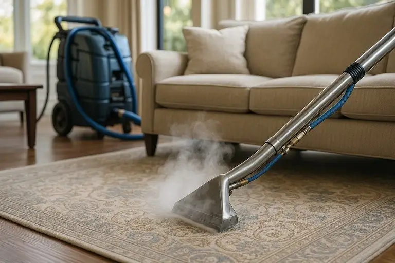 Professional carpet cleaning equipment restoring elegant living room furniture and rugs