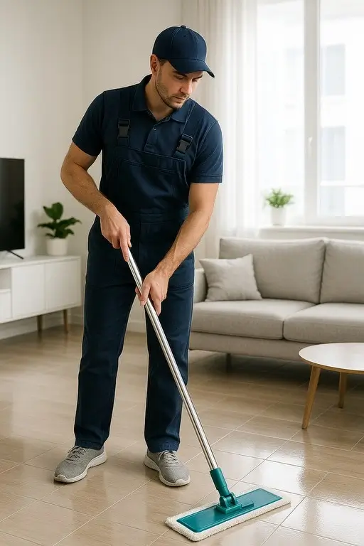 Professional deep cleaning equipment and eco-friendly products in modern kitchen