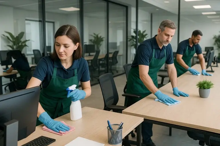 Modern office space with clean desks, polished floors, and sanitized common areas