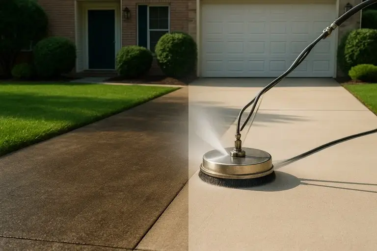 Pressure washer dramatically transforming dirty concrete driveway to pristine condition