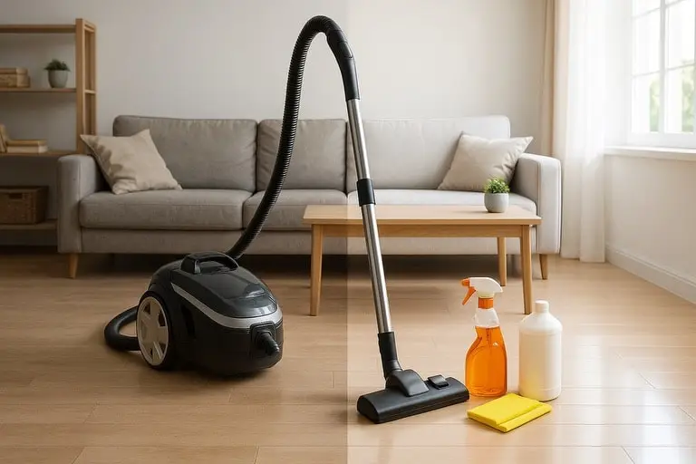 Professional cleaner organizing modern living room with vacuum and cleaning supplies