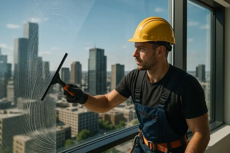 Professional window cleaner with squeegee creating crystal-clear city view windows